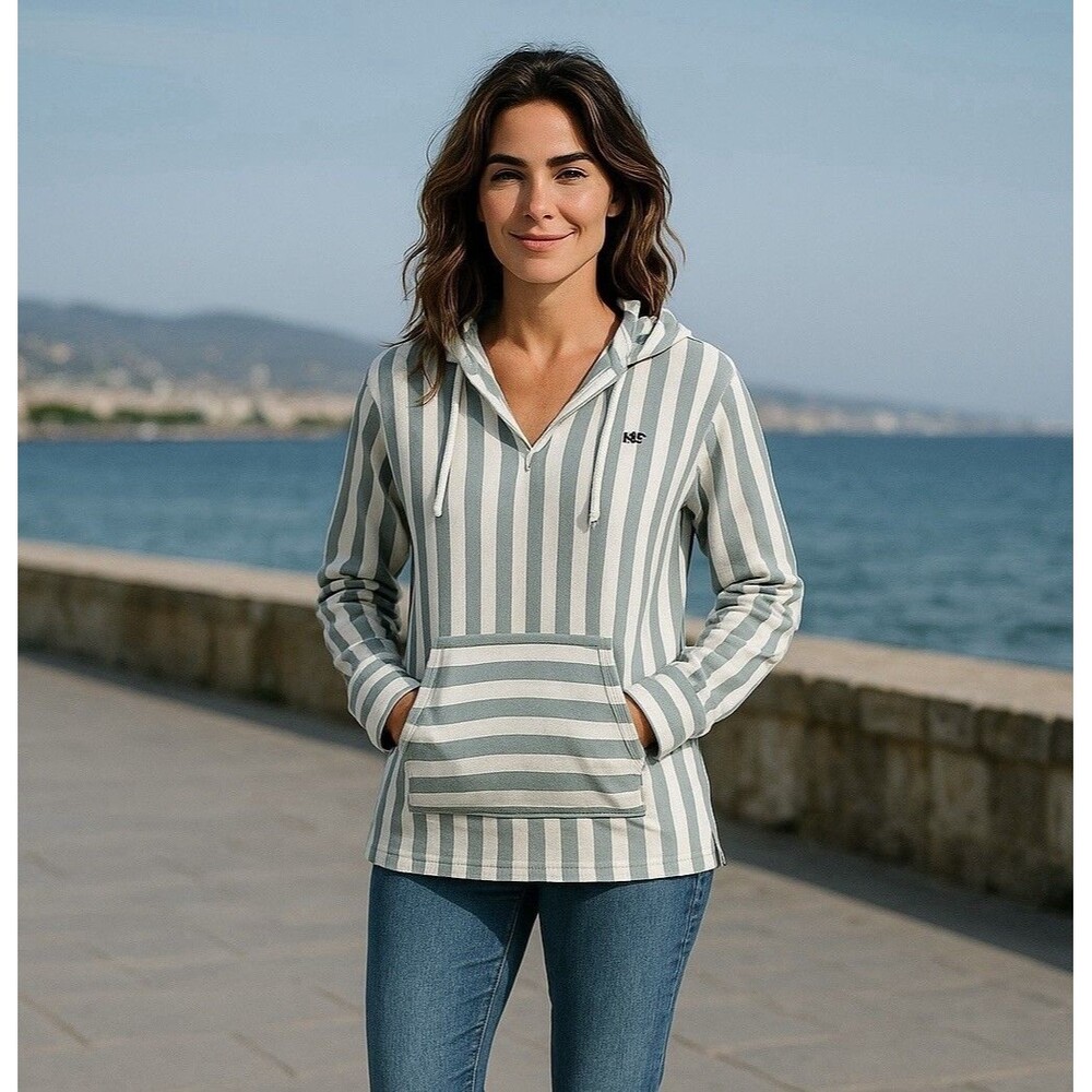 Bianc  Hooded Tunic Top Gray And White Front Pocket Vacation Resort